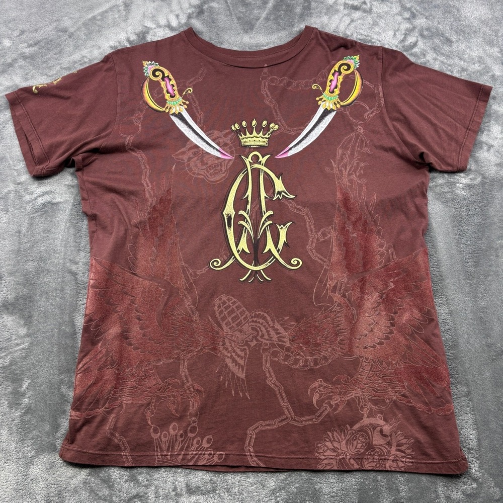 Christian Audigier Shirt Mens XL Brown Cotton Felt Graphic T-Shirt Ed Hardy Y2K